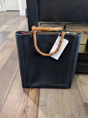 Trina Turk Black Bamboo Handle Mini Tote Crossbody Bag NWT Hot Pink Lining